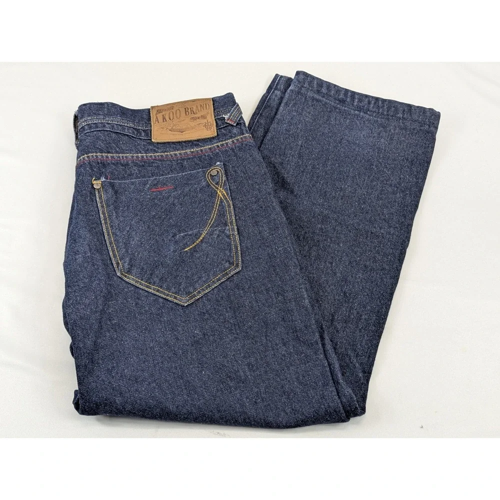 Akoo Jeans Selvedge Denim Dark Mens‎ 40x30 Blue Wide Embroidered Western - Picture 12 of 12